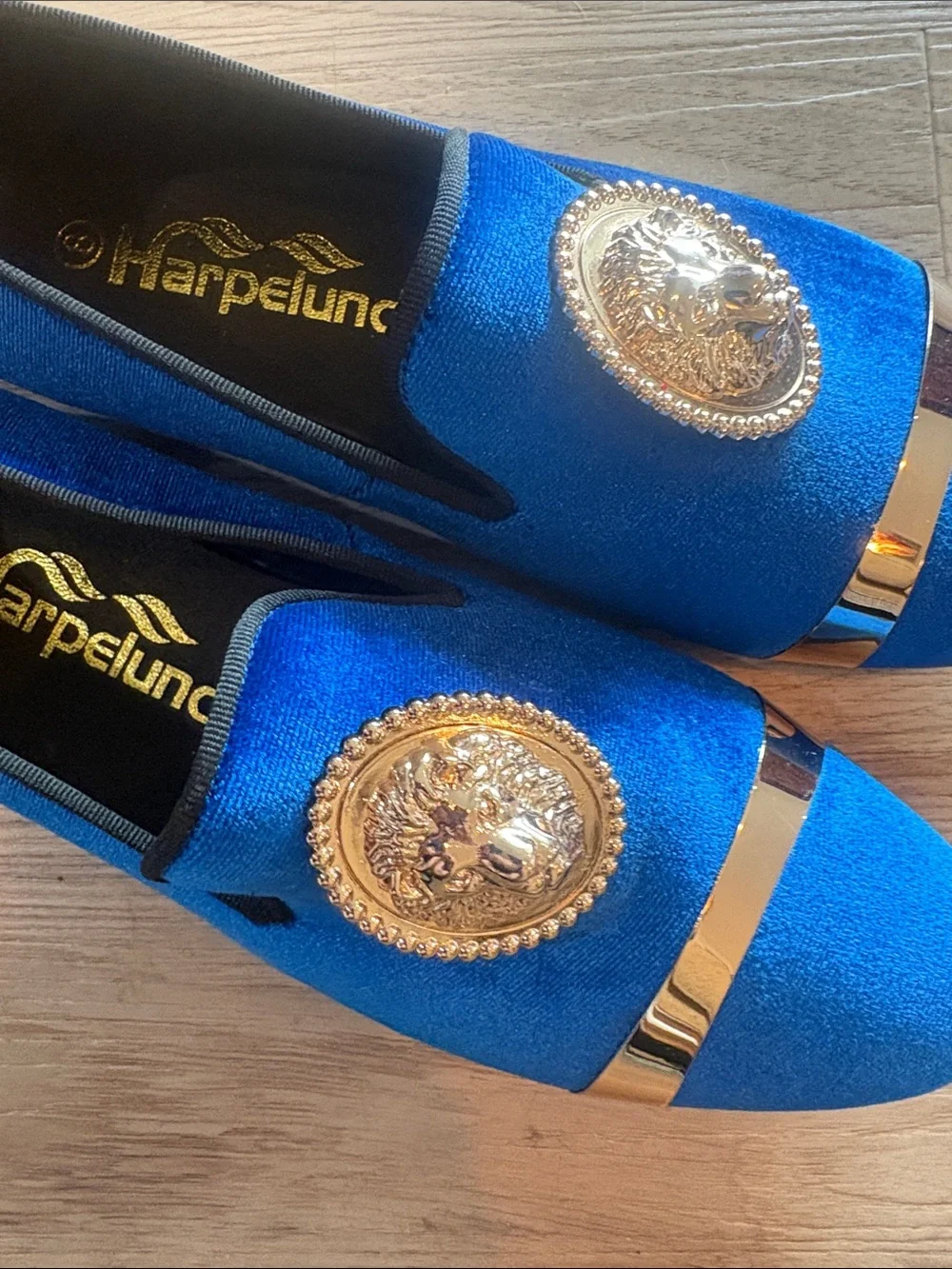 Blue Velvet Men’s Loafers with Gold Medallion Accent for formal size 8 new